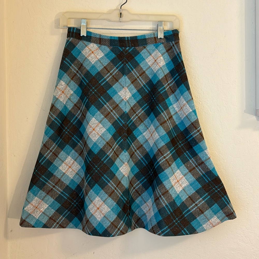 Handmade Vintage Blue and Brown Plaid Below the Knee A line Skirt